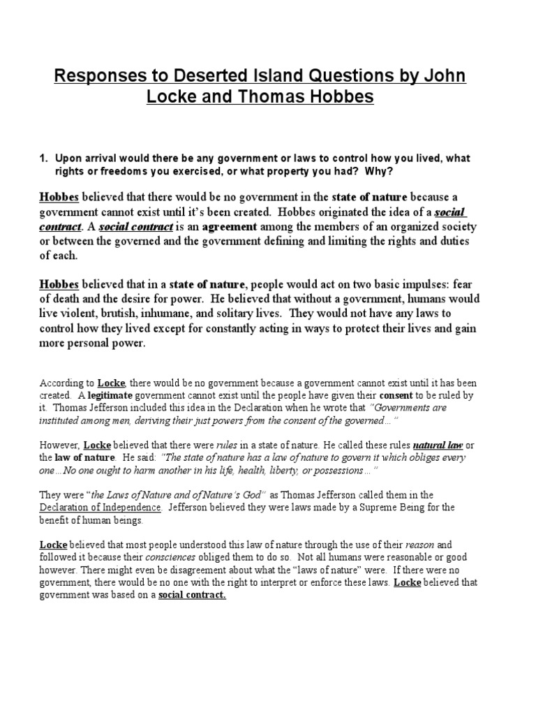 Deserted Island Response To Question by John Locke and Hobbes | PDF | Social Contract | Natural Law