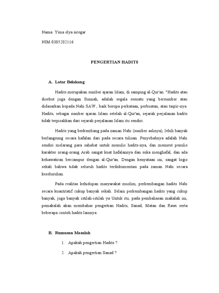 Makalah Hadis Yona Elya Siregar 0305202116 Pdf