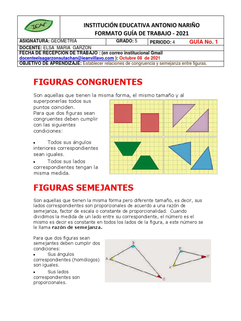 Guía 1 - Figuras Congruentes y Semejantes | PDF | Métodos y materiales de  enseñanza, image size:768x1024