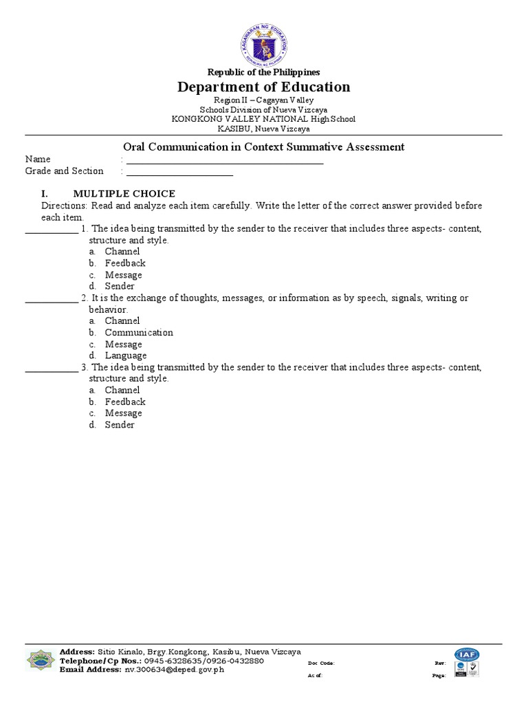Oral Communication Assessment Guide | PDF