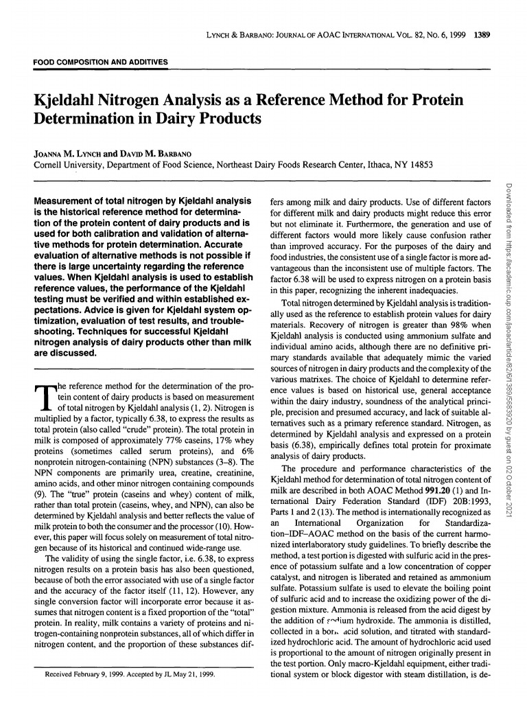 Kjeldahl Nitrogen Analysis As Reference Methods For Protein