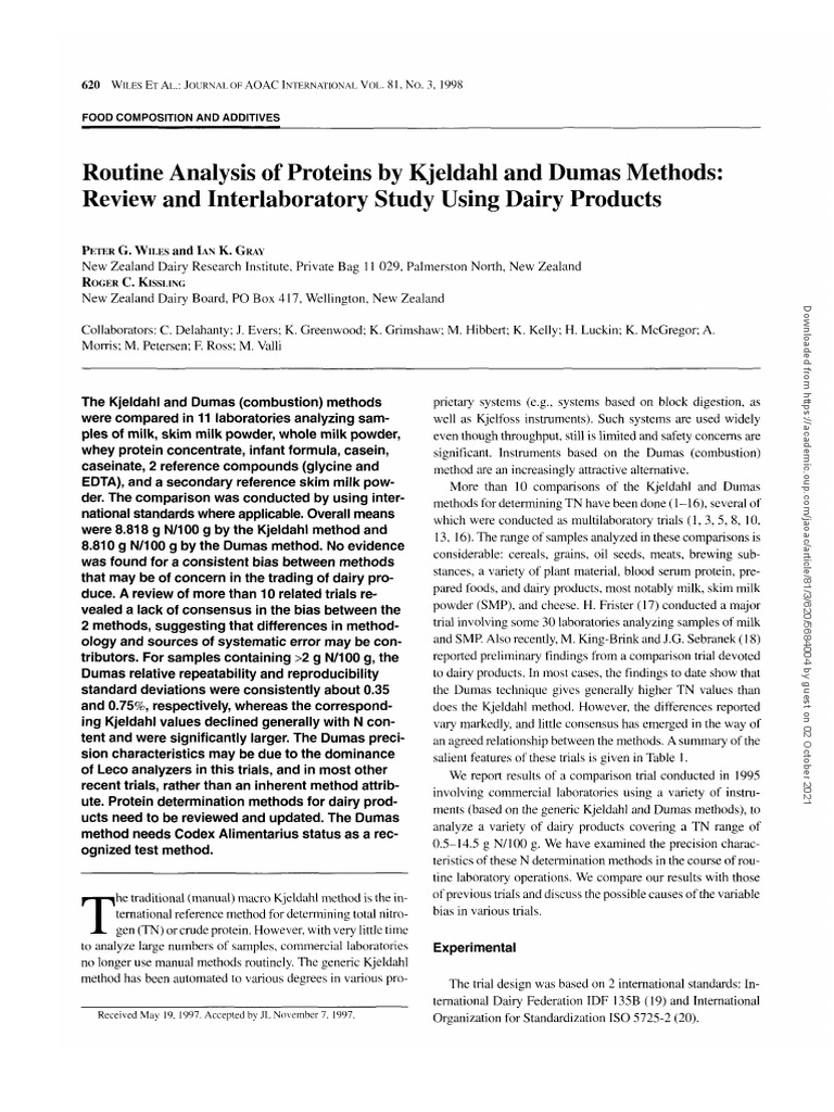 Routine Analysis of Proteins by Kjeldahl & Dumas Methods Review & Interlab Study Using Dairy