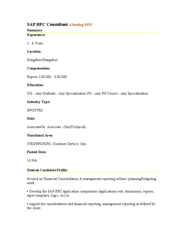 SAP BPC Consultant Job Overview | PDF | Business Process ...