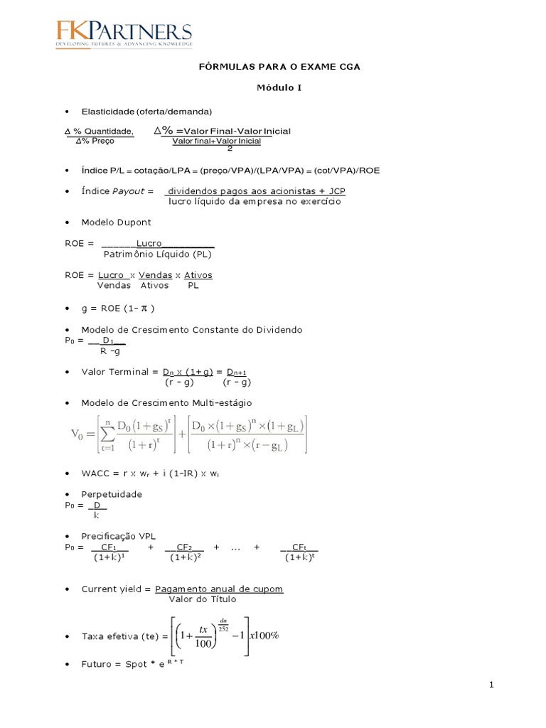 Fórmulas para o Exame Cga - 1 | PDF | Dividendo | Investimentos