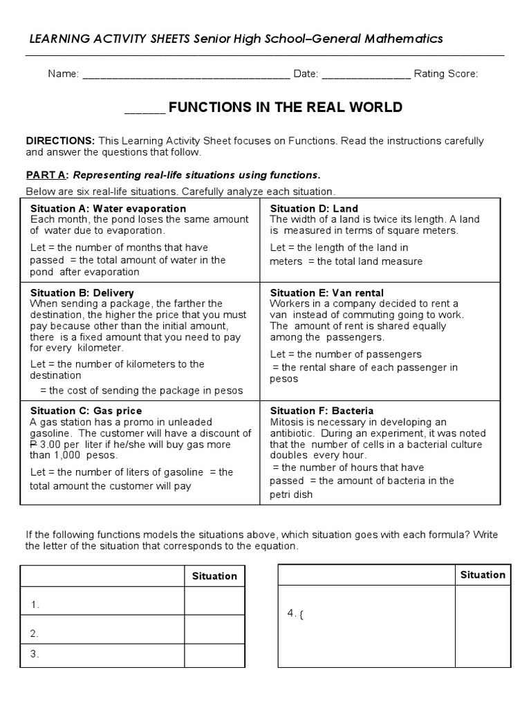 Functions in Real-World Scenarios | PDF | Equations | Function ...