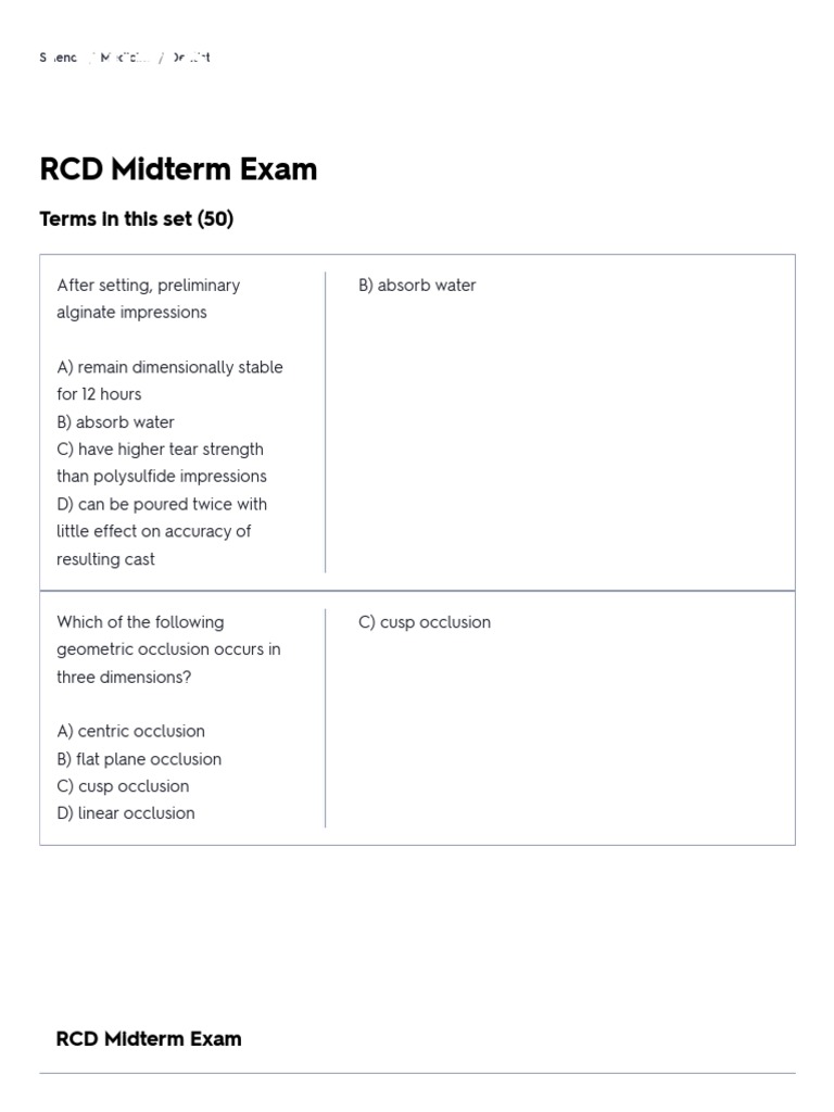 RCD Midterm Exam Flashcards Quizlet PDF Dentures Dentistry