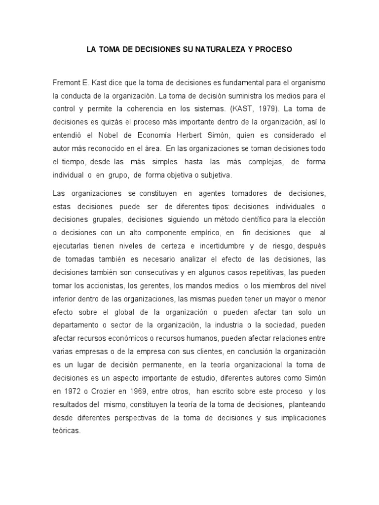 Proceso y Naturaleza de la Toma de Decisiones | PDF | Toma de ...