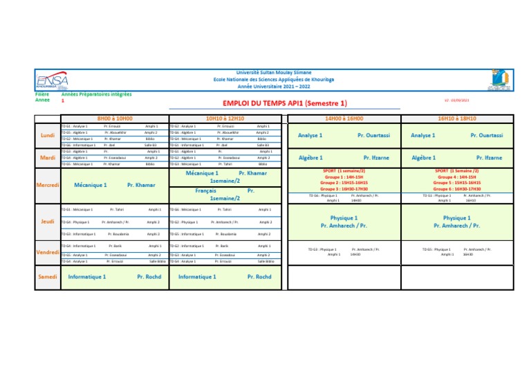 Emploi du temps ENSA Khouribga 2021-2022 | PDF