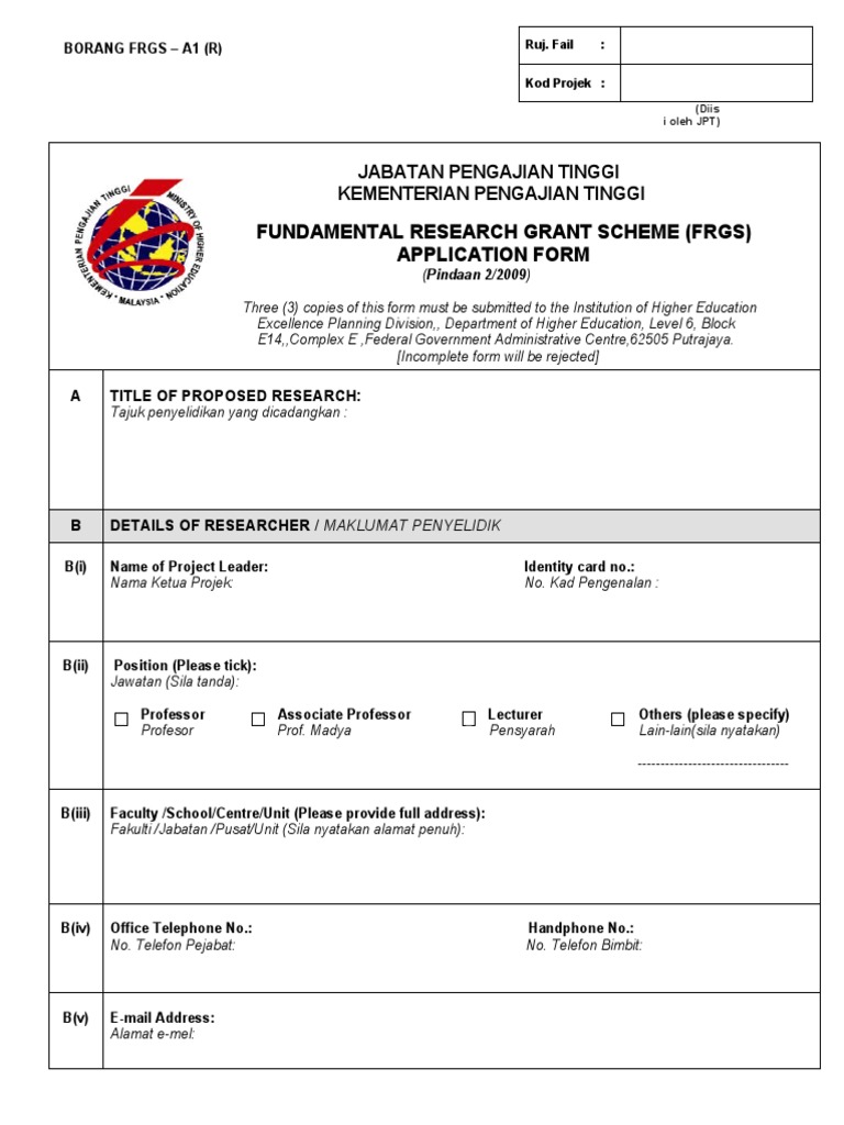 FRGS Application Form Guidelines | PDF | Science