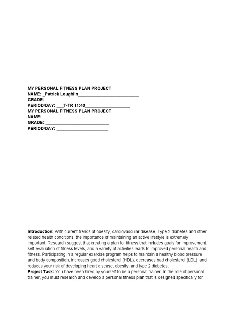 Personal Fitness Plan Project Example