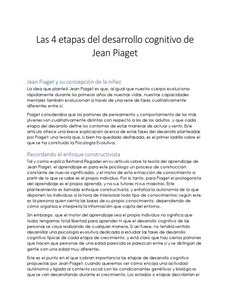Las 4 Etapas Del Desarrollo Cognitivo de Jean Piaget | PDF ...