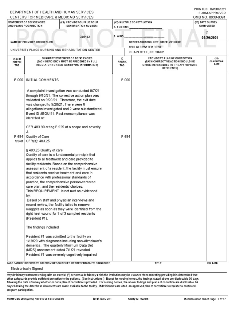 Deficiencies and Correction Plan for Nursing Home | PDF | Medicare ...