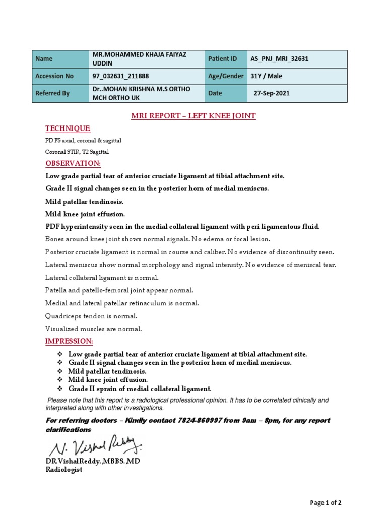 Mri Report - Left Knee Joint: Name Patient ID Accession No Age/Gender ...