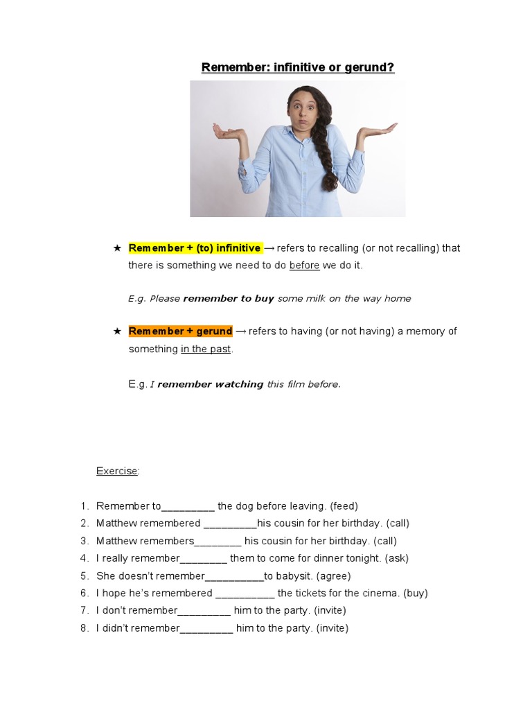 Remember + Infinitive - Gerund | PDF
