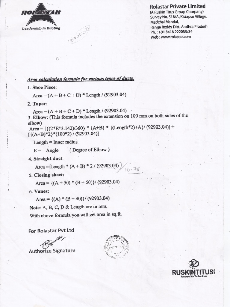 Rolastar Ducting Area Calculation Formulas PDF