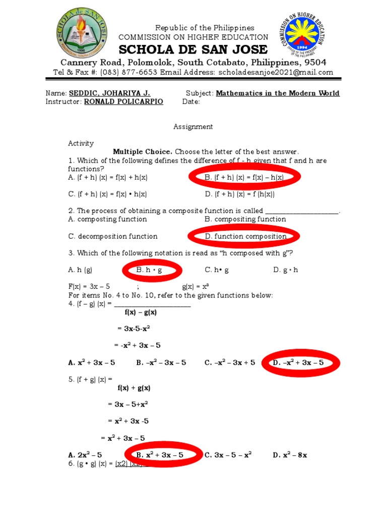 Mathematics Functions Assignment Guide | PDF | Function (Mathematics ...