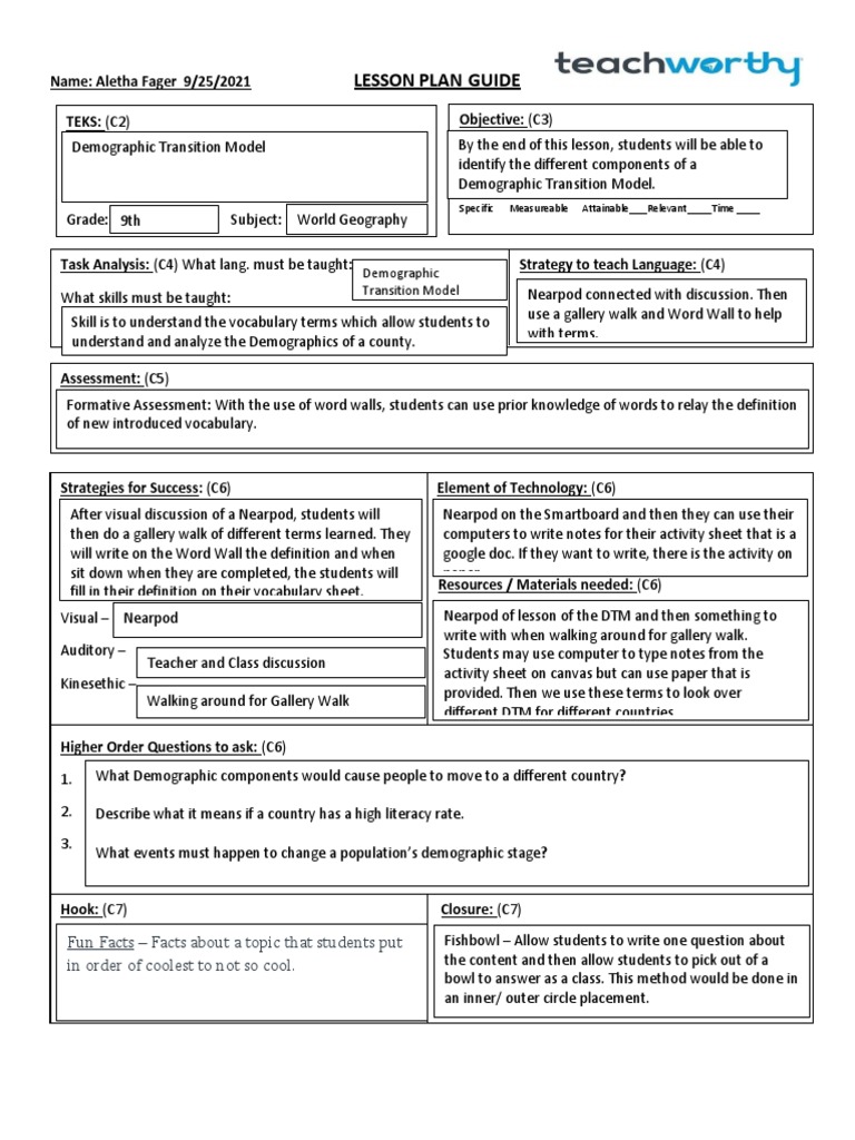 Lesson Plan Guide: Demographic Transition Model | PDF | Lesson 