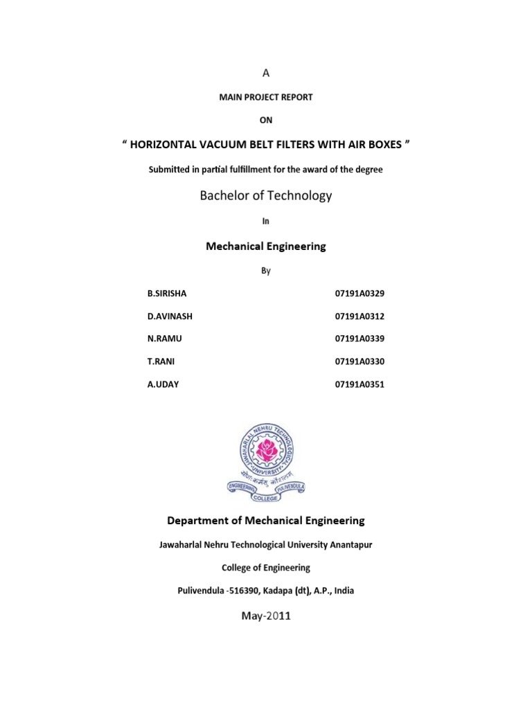Bachelor of Technology " Horizontal Vacuum Belt Filters With Air Boxes