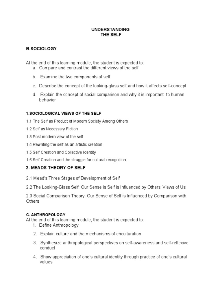 Understanding The Self B.Sociology | PDF | Self | Self Concept