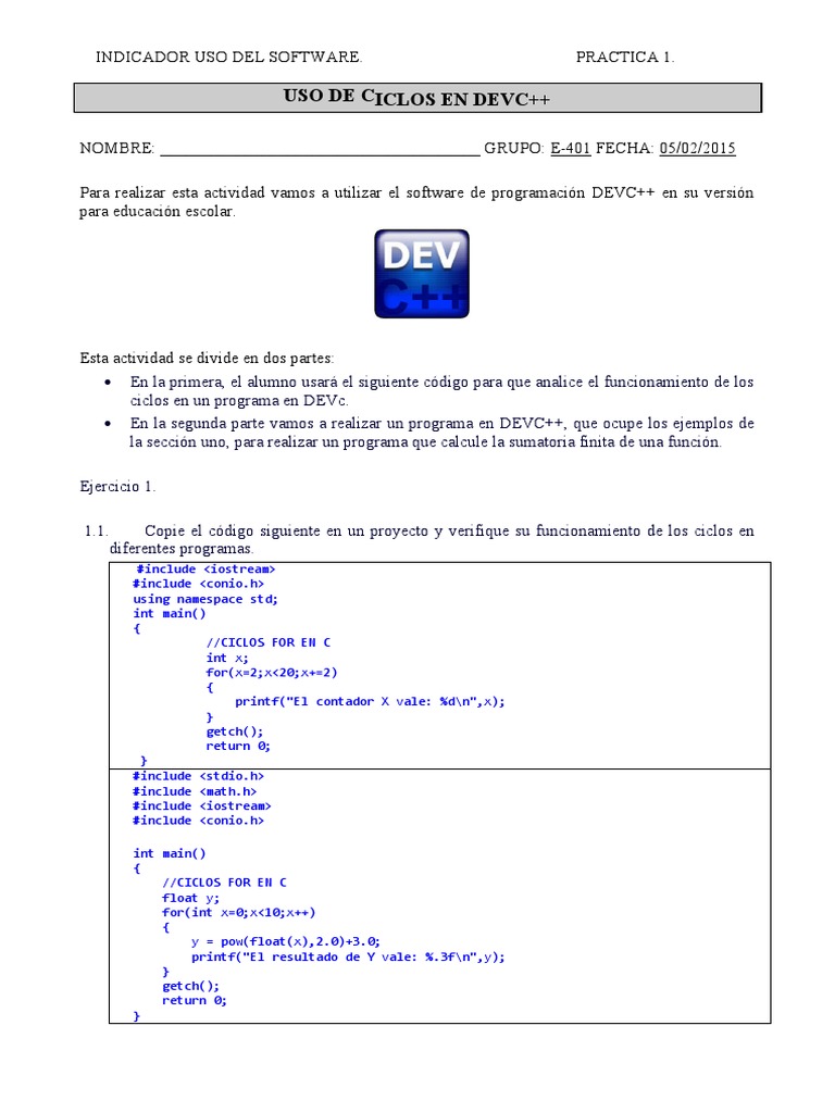 Uso de Ciclos en DevC++: Práctica 1 | PDF | Programación de ...