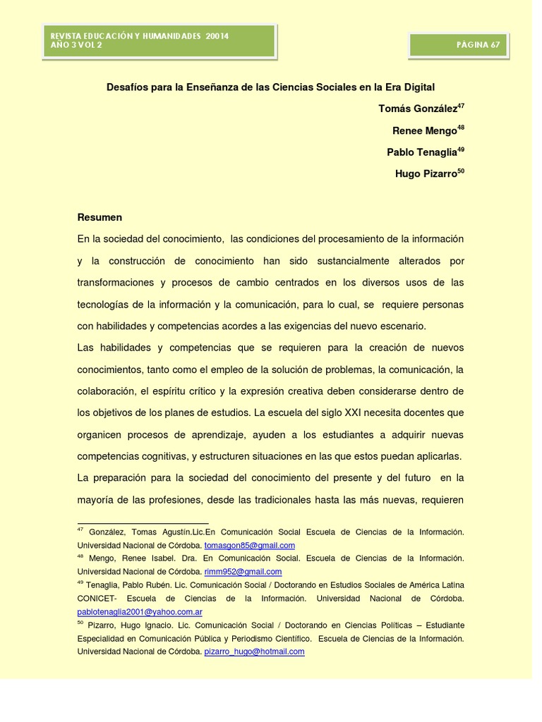 Desafíos para La Enseñanza de Las Ciencias Sociales en La Era Digital ...
