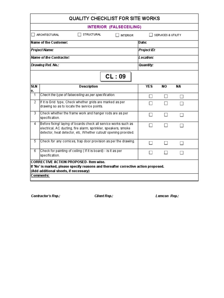 False Ceiling Inspection Checklist | PDF