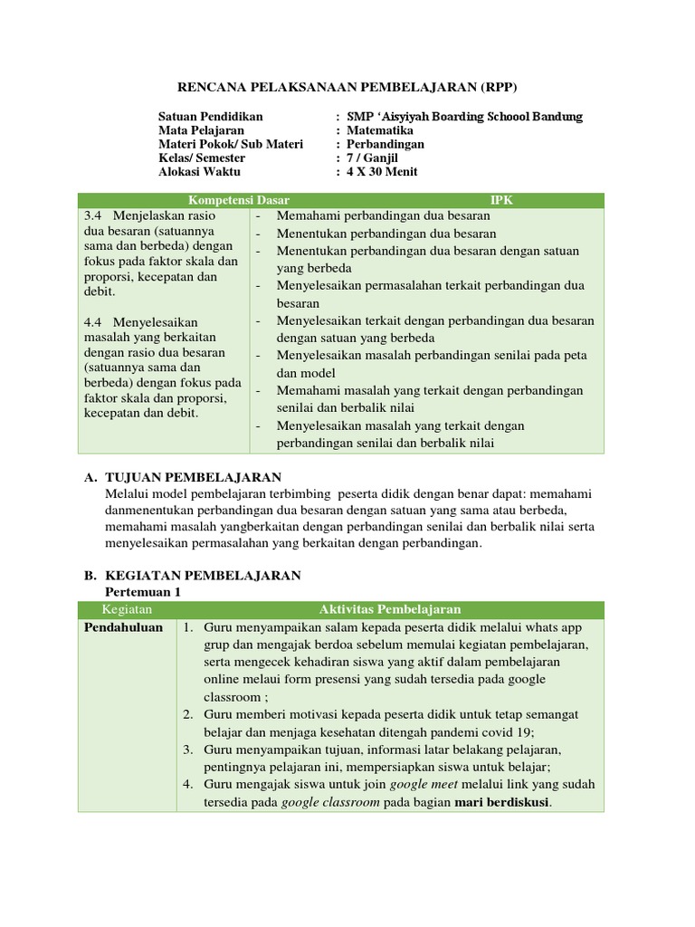 RPP Pembelajaran Rasio Kelas 7 | PDF | Karier & Perkembangan