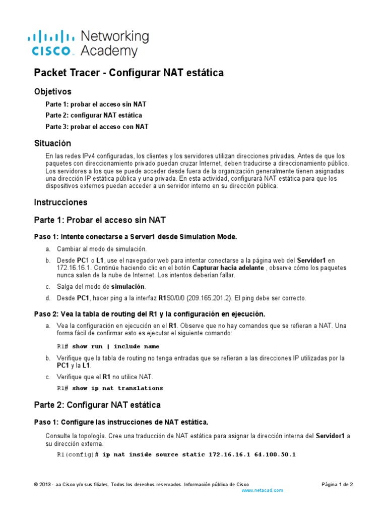 Configuración de NAT Estática en Packet Tracer | PDF | Dirección IP ...