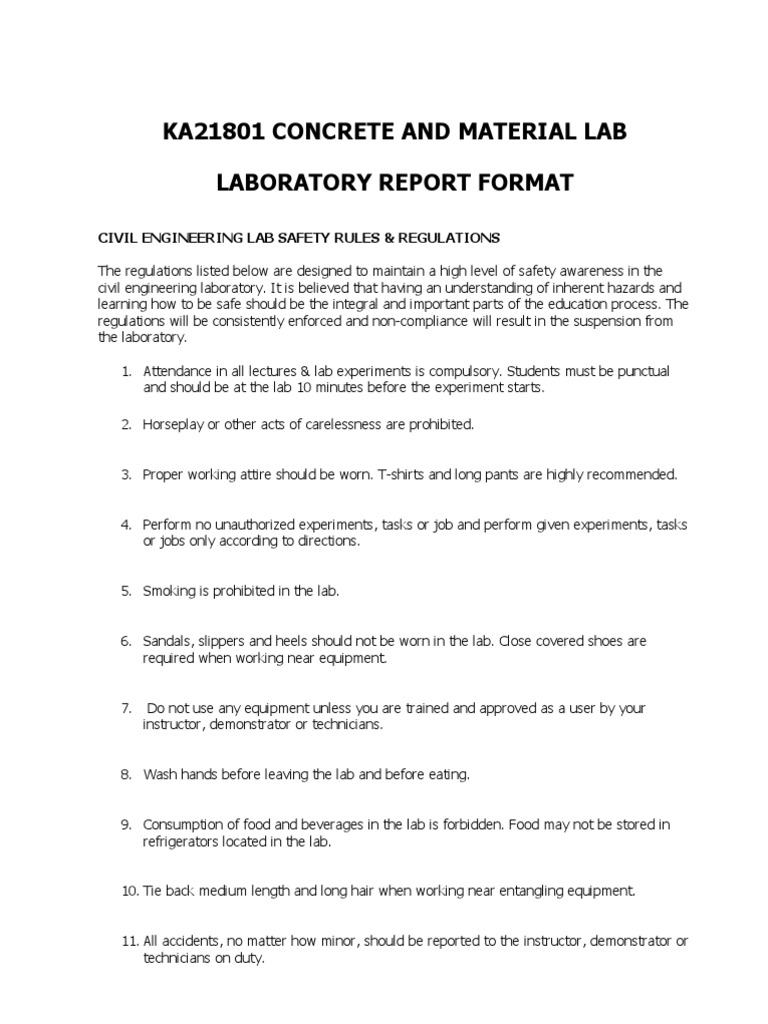 Ka21801 Concrete and Material Lab Laboratory Report Format Civil Engineering Lab Safety Rules