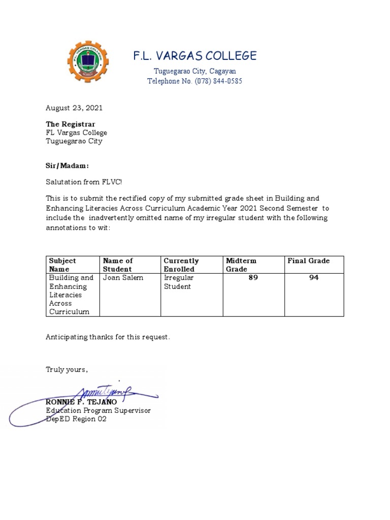 Rectification Request for Student Grades | PDF