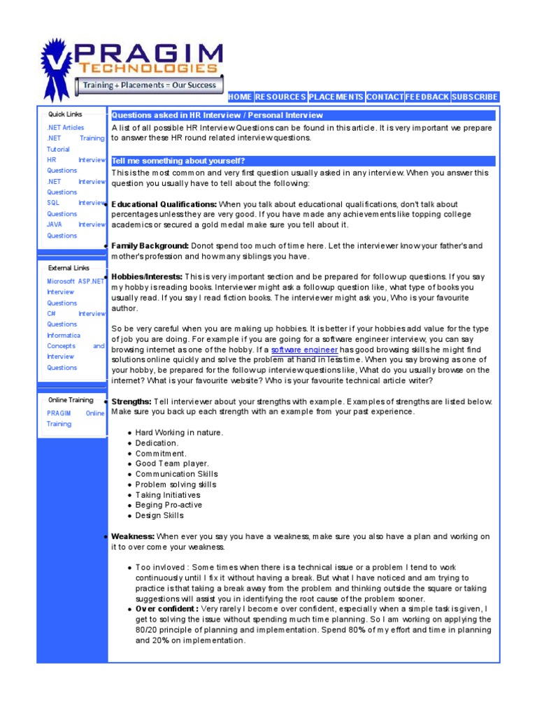 Essential HR Interview Questions Guide | PDF | Employment | Cognitive ...