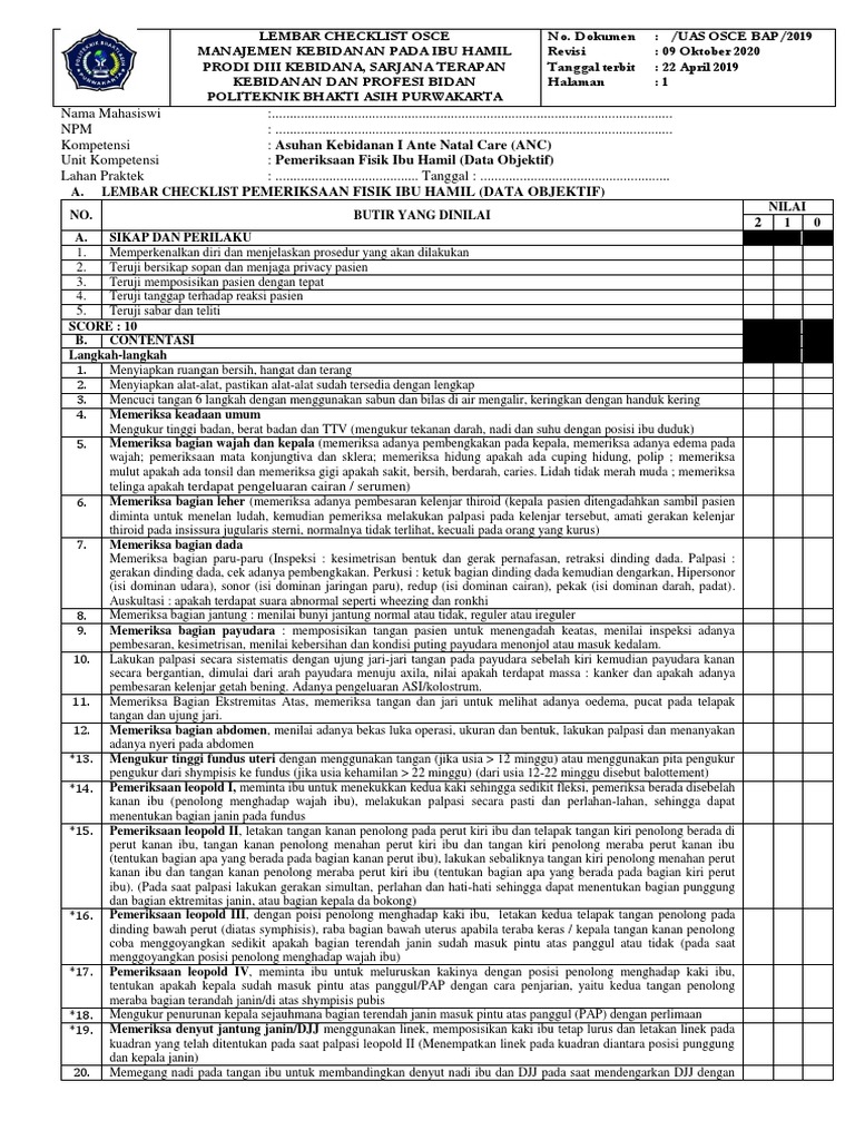 Lembar Checklist Anc Objektif (Pemfis Bumil) | PDF