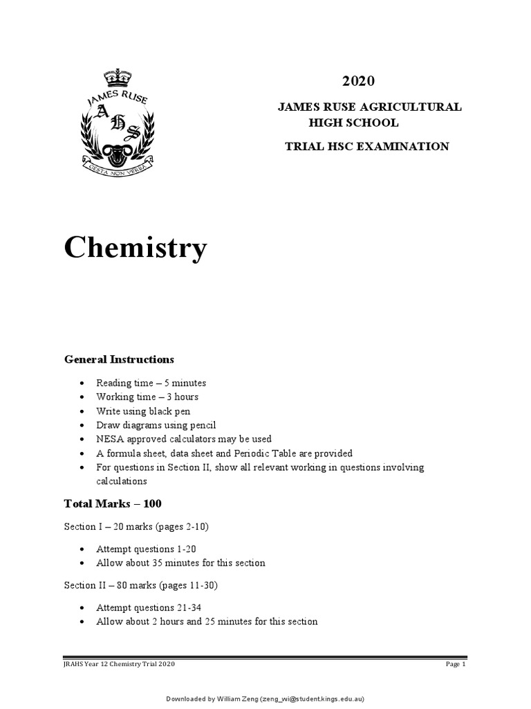 James Ruse 2020 Chemistry Trials & Solutions PDF Precipitation
