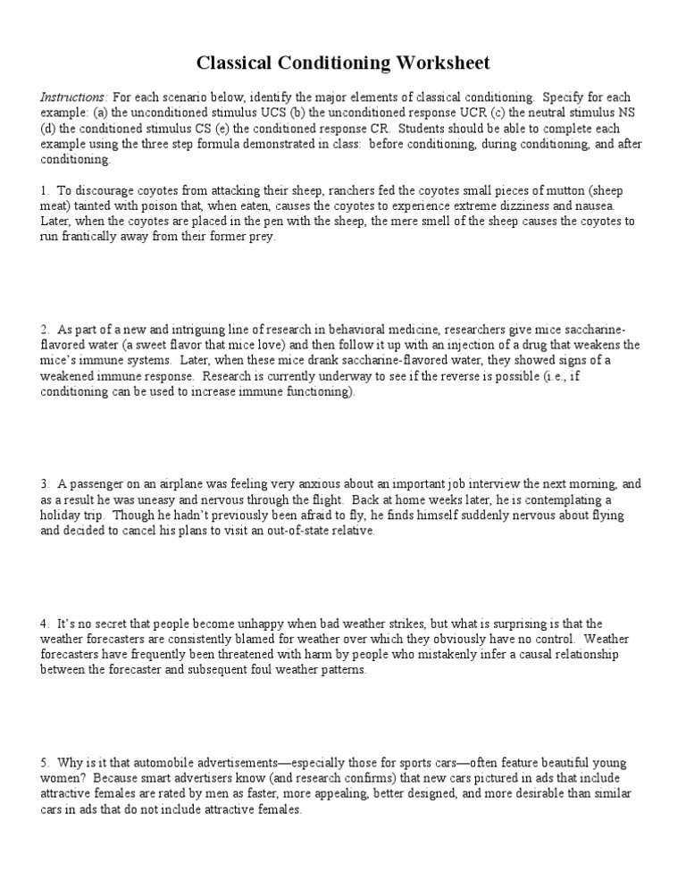 Classical Conditioning Worksheet 1 PDF Classical Conditioning