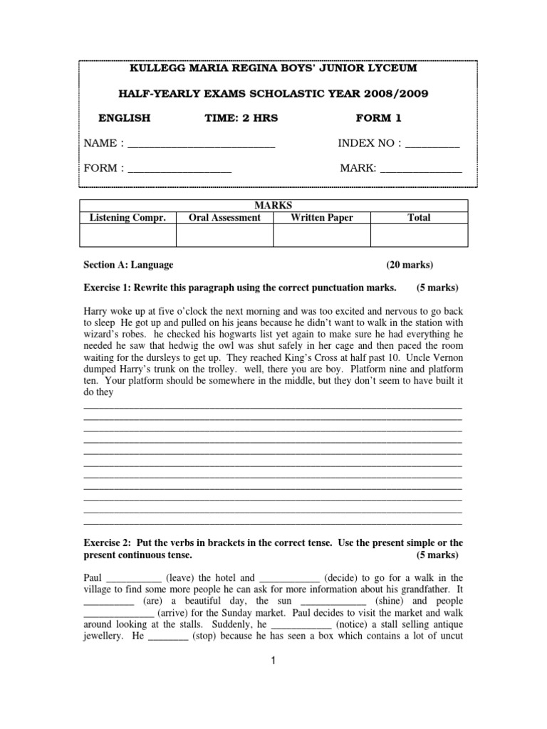 Exam Paper Form 1 08-09 | PDF | Young Adult