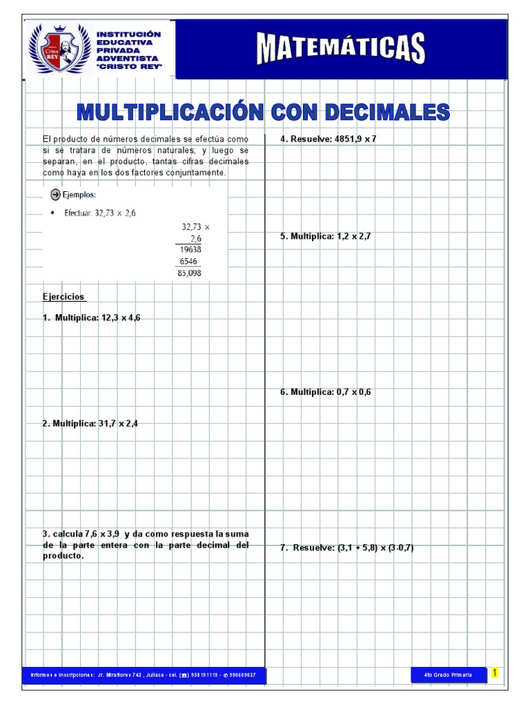 Ejercicios de Multiplicación Decimal 4to Grado | PDF