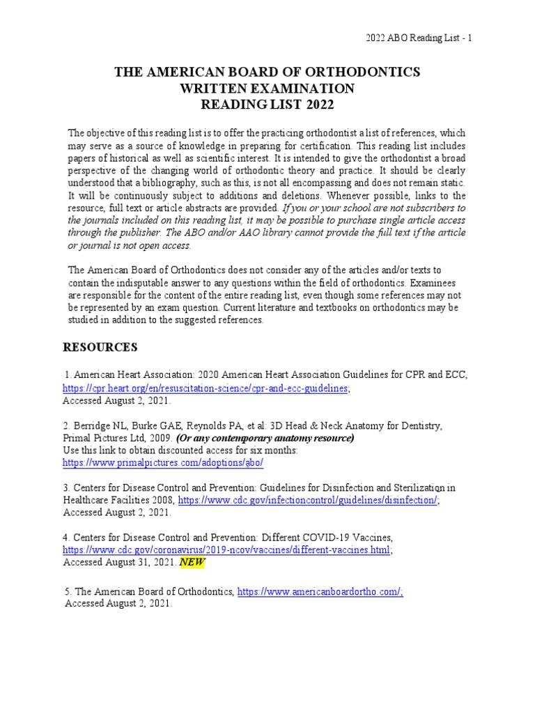 Abo Reading List 2022 20210831 PDF Periodontology Orthodontics