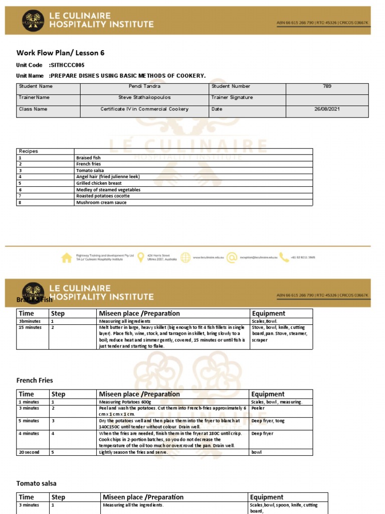 SITHCCC005 Cookery Workflow Plan | PDF | Grilling | French Fries
