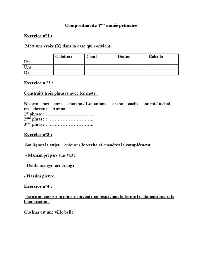 Exercice De Français 4ème à Imprimer Avec Correction Composition de 4ème Année Primaire | PDF