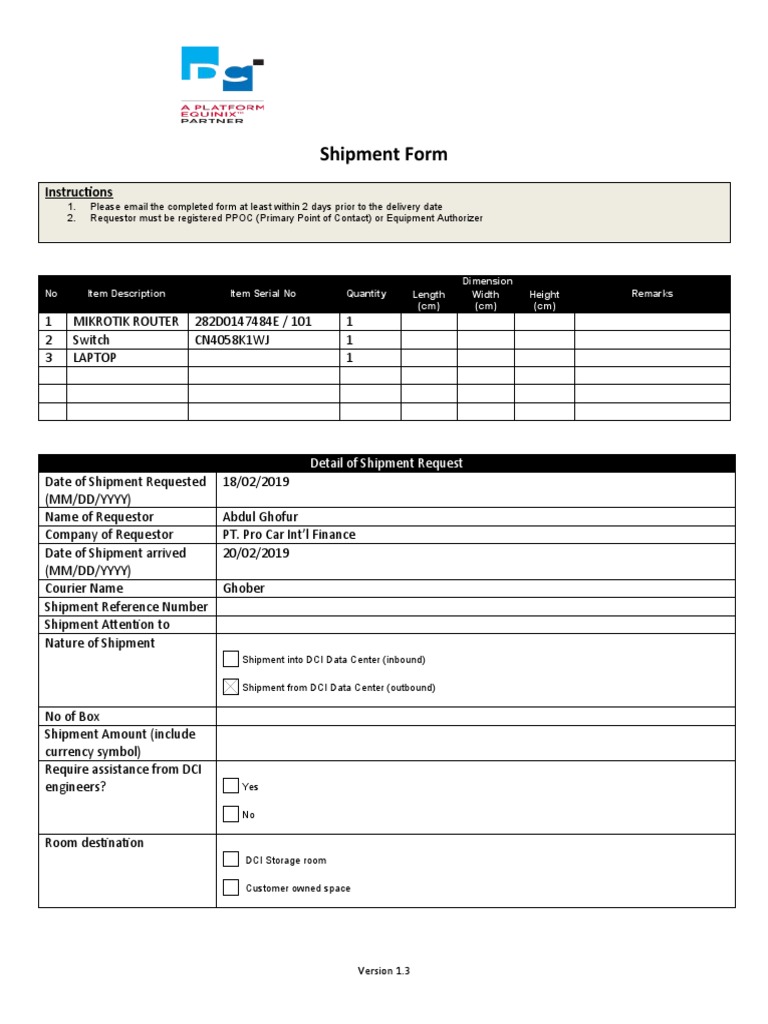 Shipment Form V 1 3 (20-02-2019) | PDF