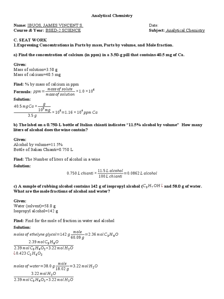 Analytical Chemistry Concentration Calculations | PDF | Mole (Unit ...