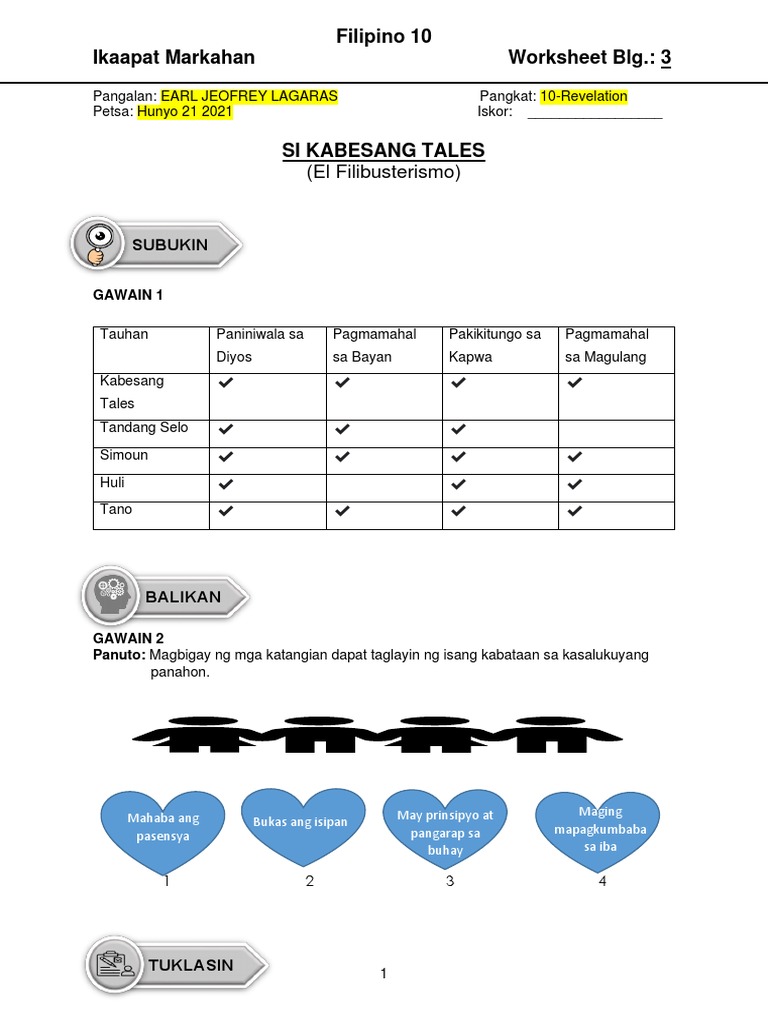 Aralin 4.3 El Fili - Worksheet K Tales Earl Jeofrey Lagaras 10 ...