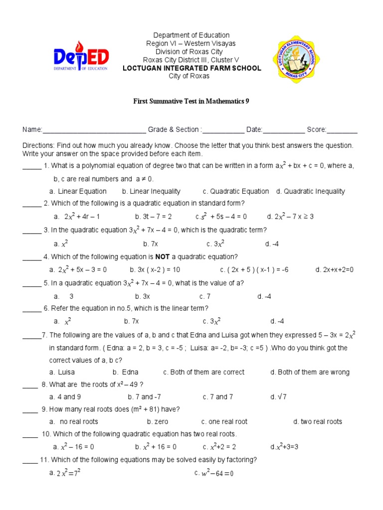 Math 9 Summative Test & Task | PDF | Equations | Quadratic Equation