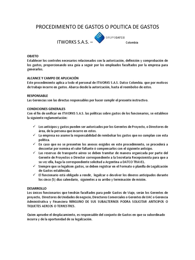 Política de Gastos ITWORKS S.A.S. | PDF | Salario | Dinero