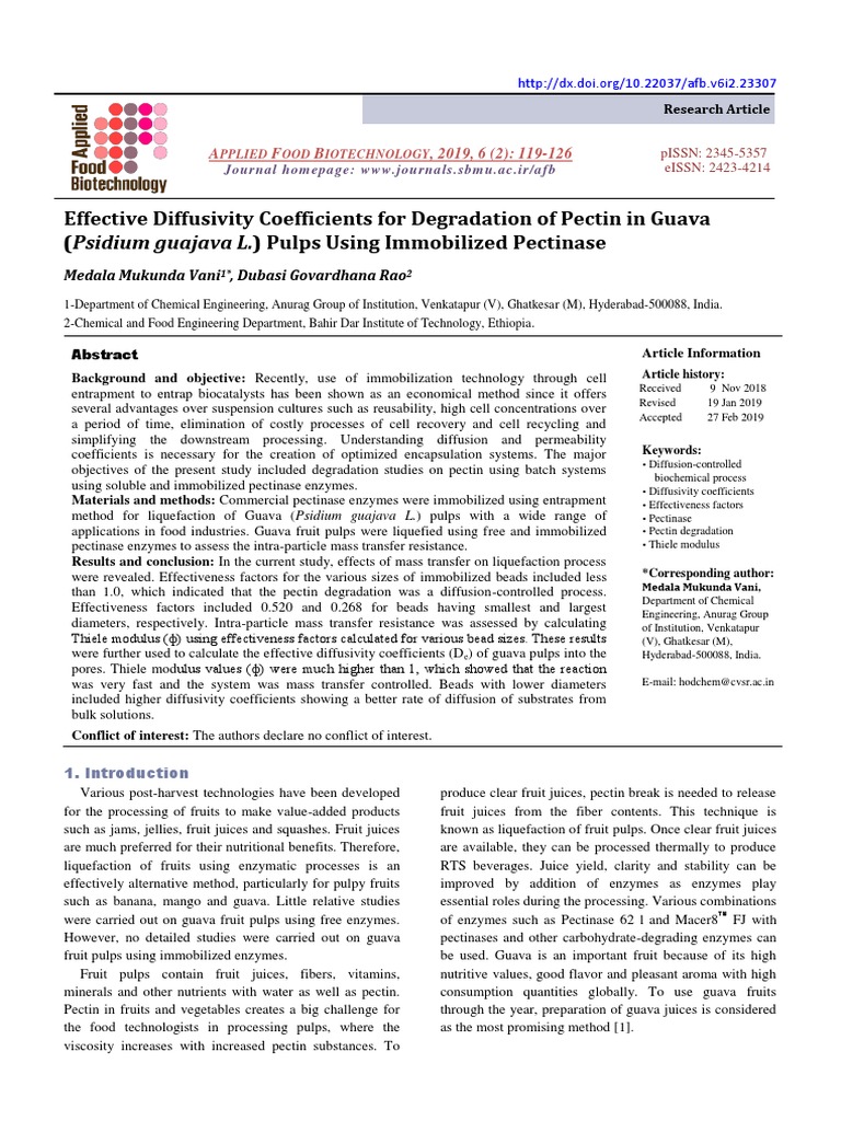 Effective Diffusivity Coefficients For Degradation of Pectin in Guava Pulps Using Immobilized