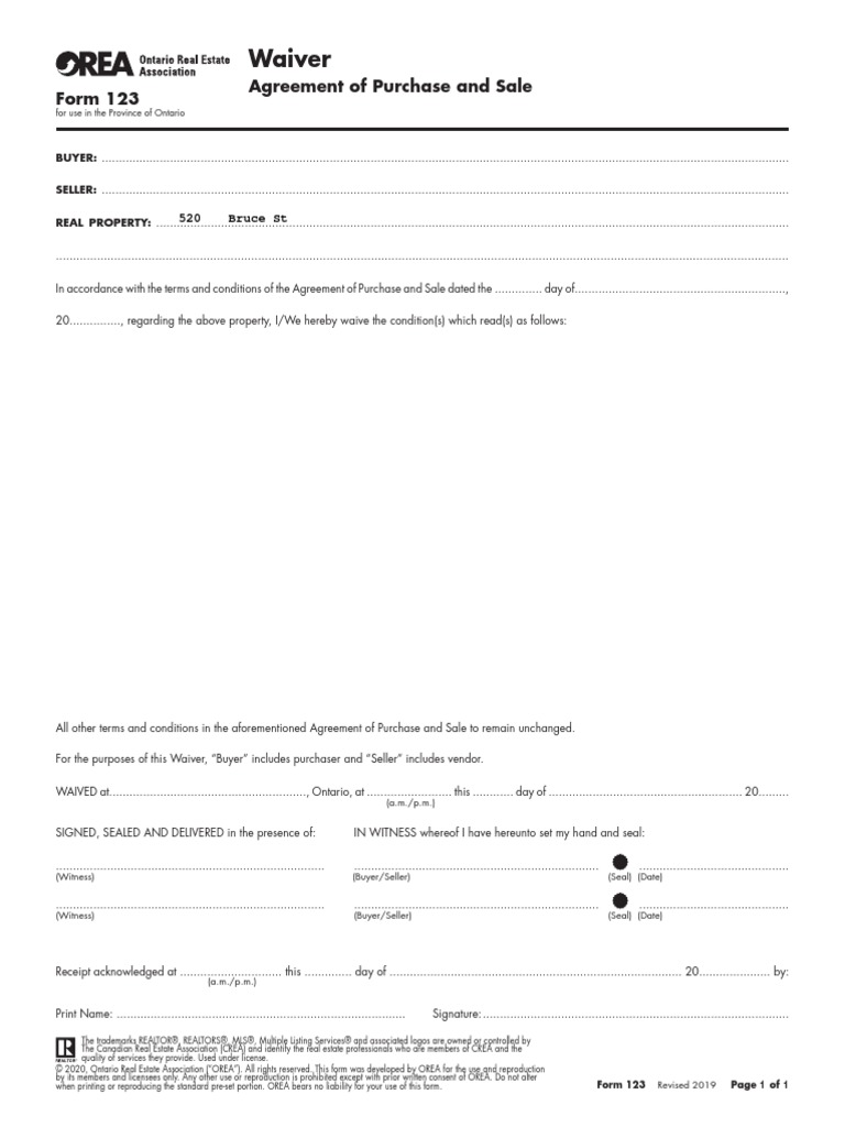 Waiver Agreement of Purchase and Sale Form 123 PDF Real Estate