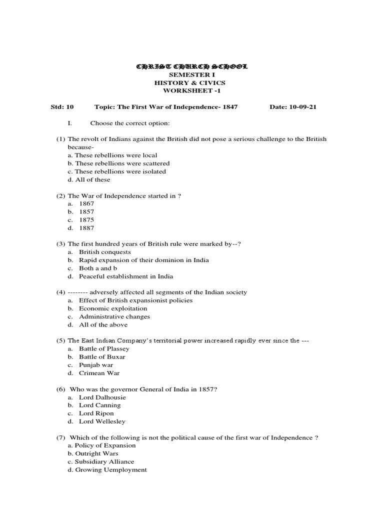 First War of Independence Worksheet | PDF | Indian Rebellion Of 1857 ...