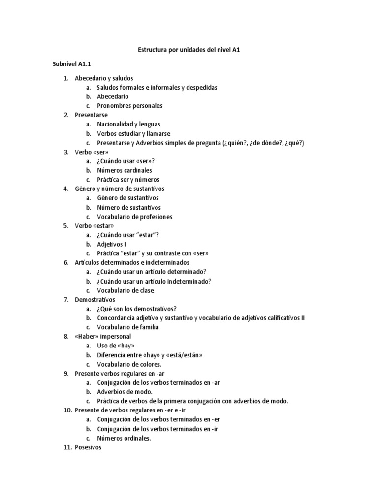 Estructura Por Unidades Del Nivel A1 | PDF