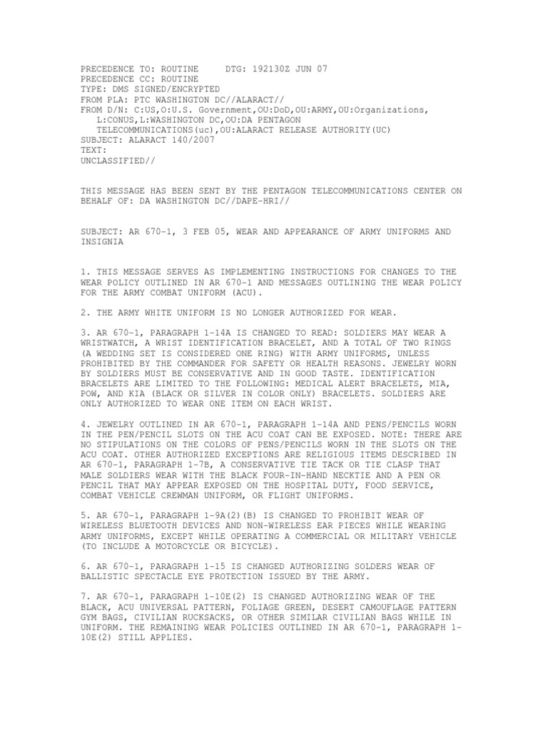 ALARACT Message 140-2007 | PDF | Uniforms | Military Personal Equipment