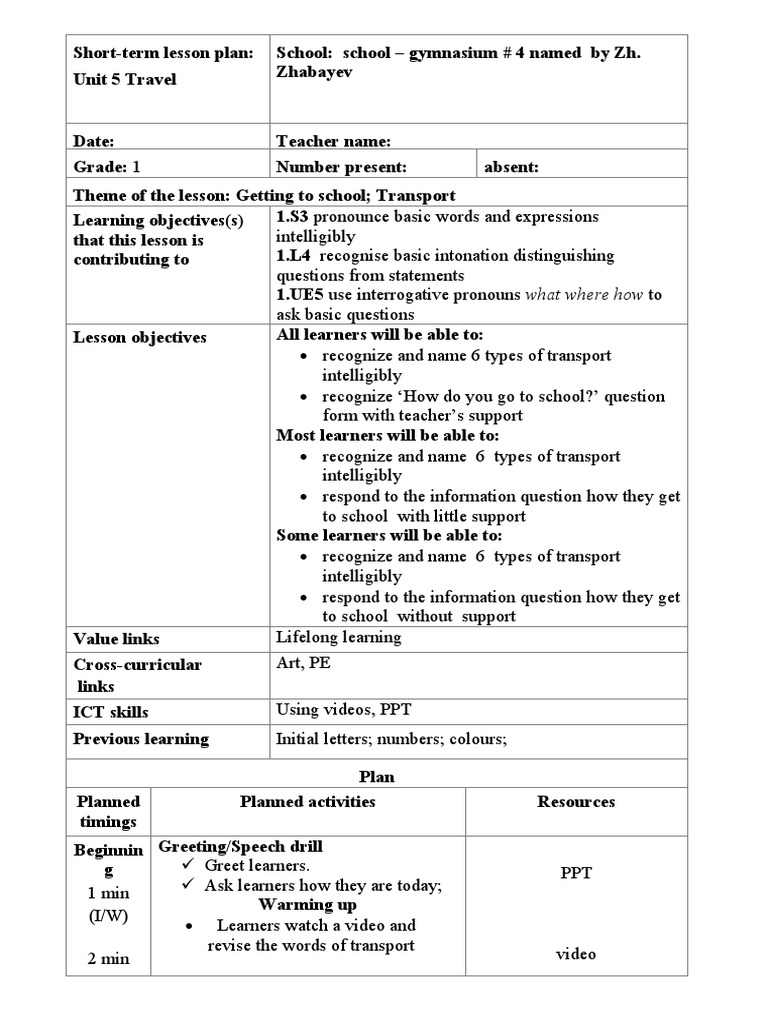 Grade 1 Transport Lesson Plan | PDF | Question | Learning